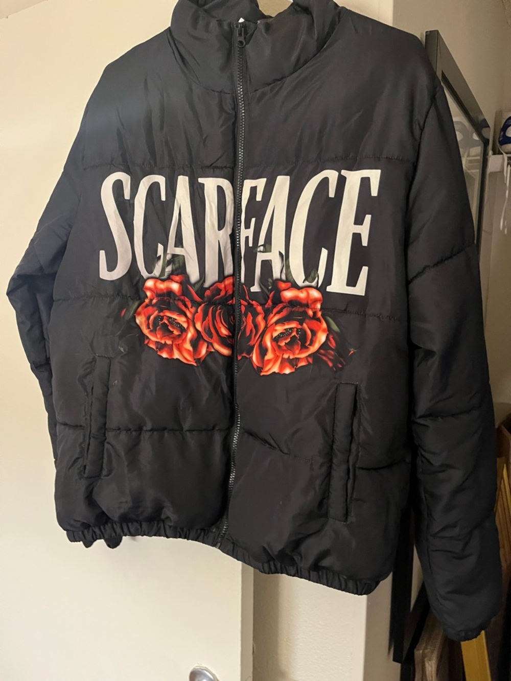 Scarface Black Puff Jacket with Red Rose Graphic RARE , very hard to find